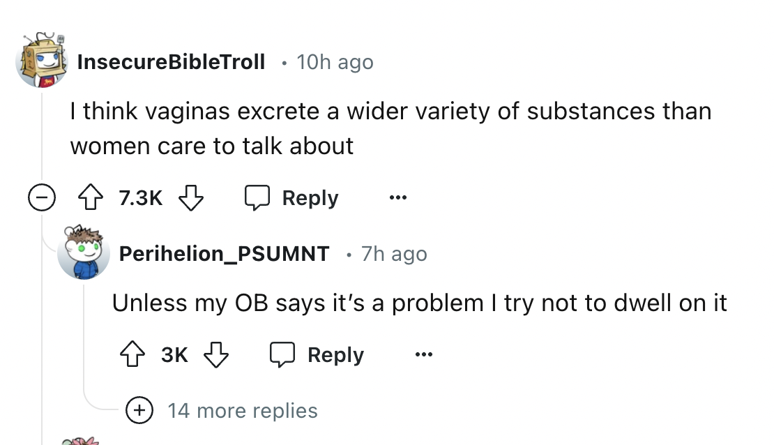 screenshot - Insecure BibleTroll 10h ago I think vaginas excrete a wider variety of substances than women care to talk about Perihelion_PSUMNT .7h ago Unless my Ob says it's a problem I try not to dwell on it 3K 14 more replies